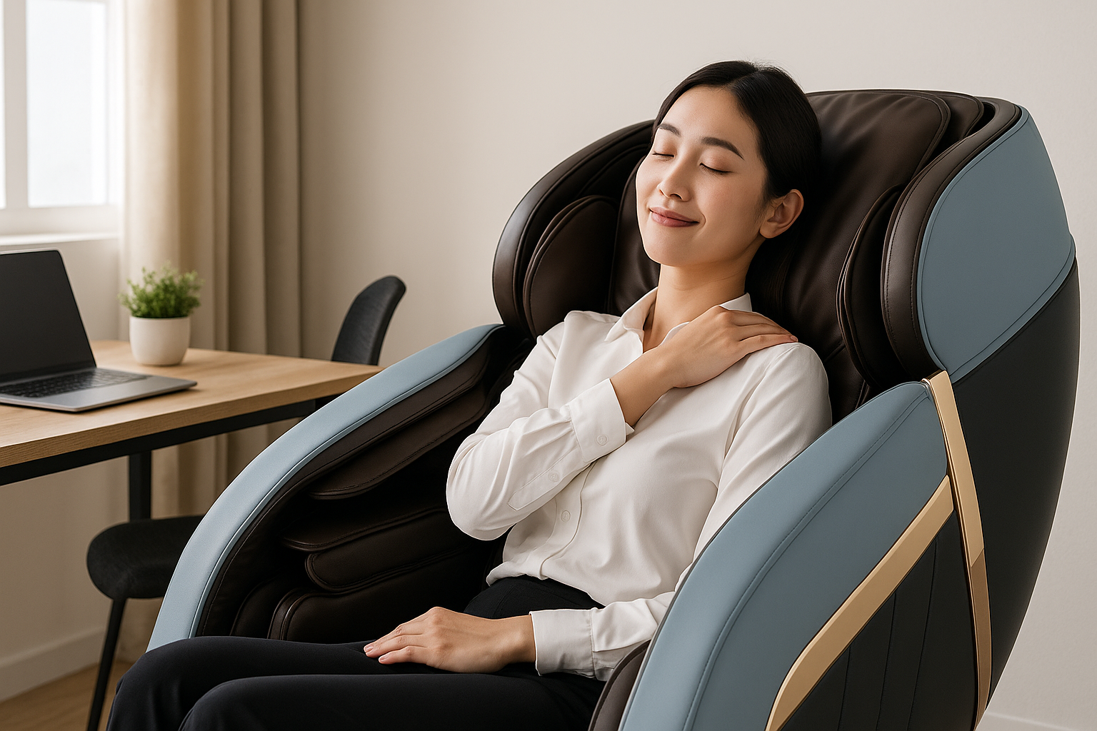 Ngồi lâu trước máy tính, ít vận động khiến dân văn phòng thường xuyên gặp tình trạng đau mỏi vai gáy, căng cứng vùng lưng. Ghế massage 3D với con lăn có thể đi sâu, kết hợp túi khí ép vai, eo và bắp tay, sẽ giúp cải thiện rõ rệt các cơn đau do ngồi sai tư thế hoặc căng thẳng kéo dài.